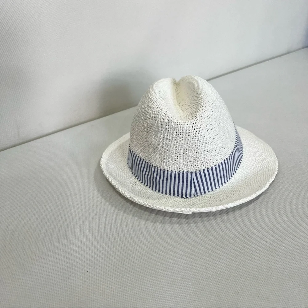 Janie And Jack Fedora Straw Hat Blue Striped Around Detail Kids Size 6-12 Months
